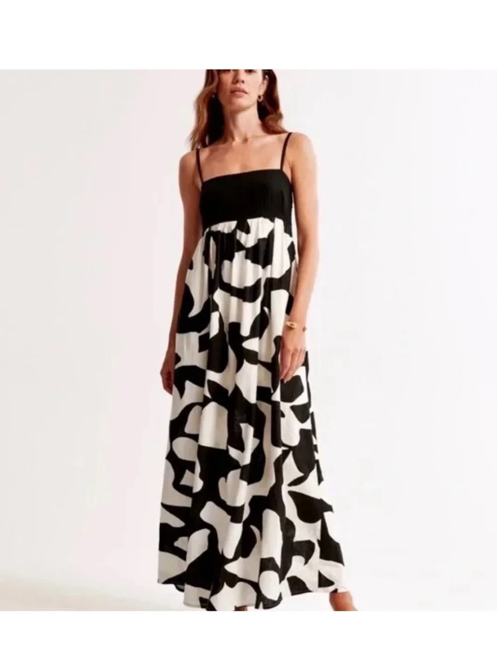 Abercrombie & Fitch Black and White Abstract Maxi Linen Blend Dress S/M